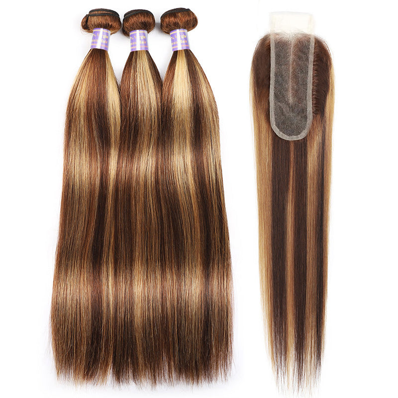 Honey Blonde Brazilian Highlight Straight Hair 3 Bundles With 2x6 Lace Closure