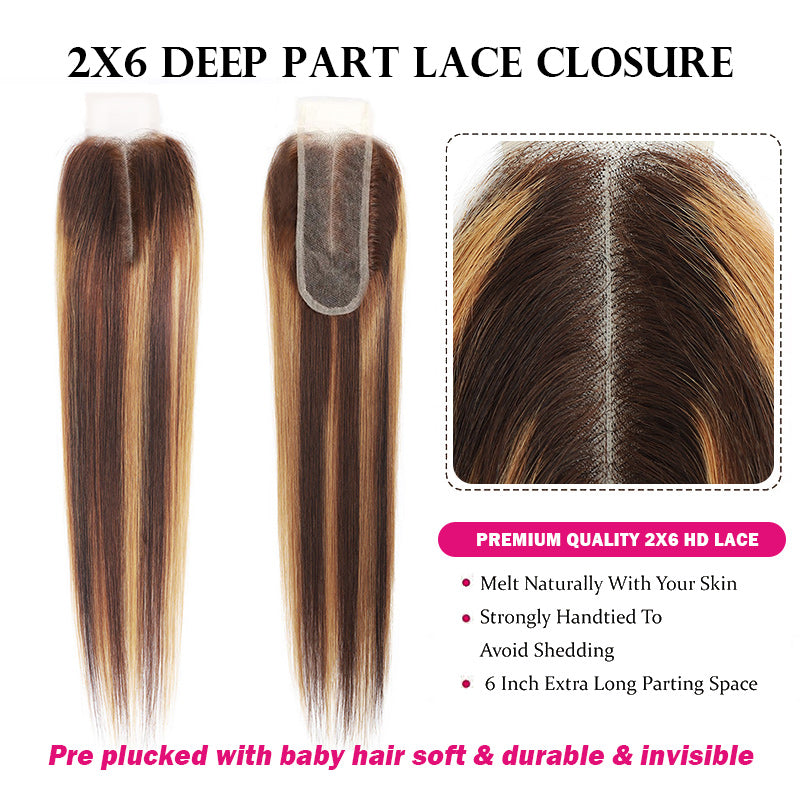 Honey Blonde Brazilian Highlight Straight Hair 3 Bundles With 2x6 Lace Closure