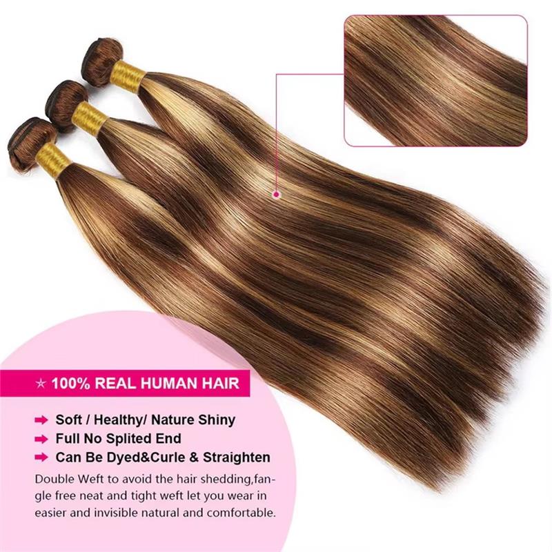 Honey Blonde Brazilian Highlight Straight Hair 3 Bundles With 2x6 Lace Closure