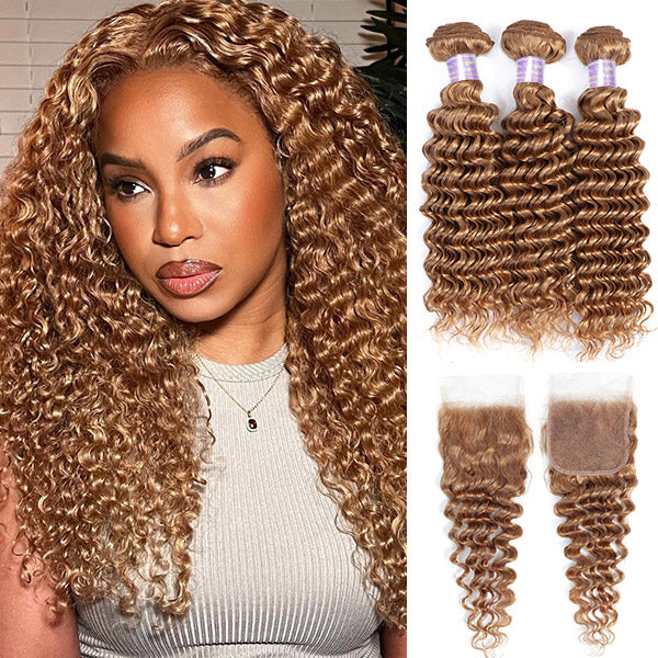 Elevate your look with Allove Hair's honey blonde sew-in bundles featuring deep wave hair. Made from luxurious virgin human hair, these bundles offer a natural and voluminous finish. Complete with a 4x4 lace closure for seamless blending, achieve a flawless style with ease.