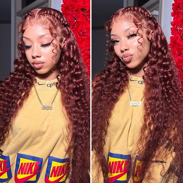 Allove Reddish Brown 33# Color Human Hair Water Wave 13x4 Lace Front Wigs Pre-Plucked Colored Wigs