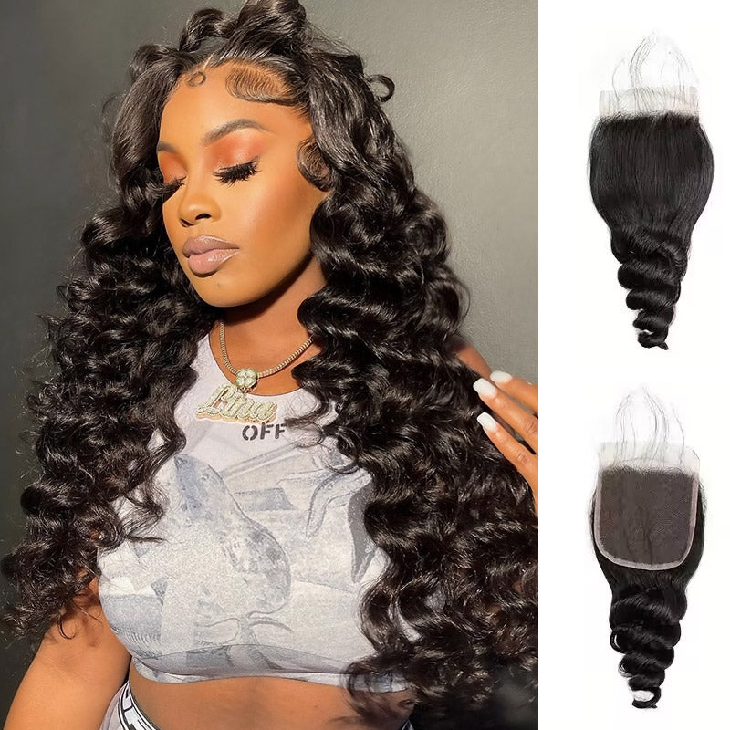 Elevate your hairstyle with the Allove Hair 4x4 Lace Closure, featuring beautiful loose wave hair made from 100% human hair. This closure provides a soft, bouncy texture that blends effortlessly with your natural hair.