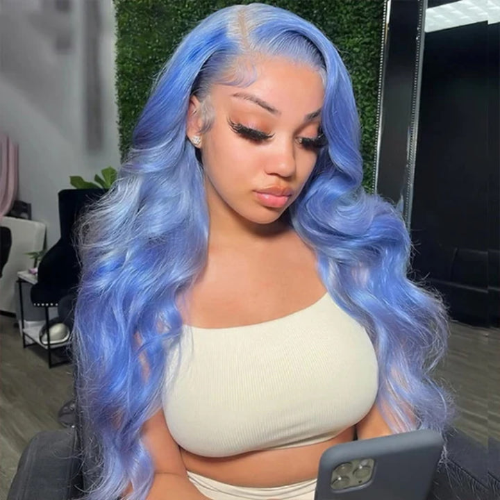 Allove Light Blue Colorful Wig Body Wave 13x4 Lace Front Wig With Pre-plucked Glueless Wigs - AlloveHair