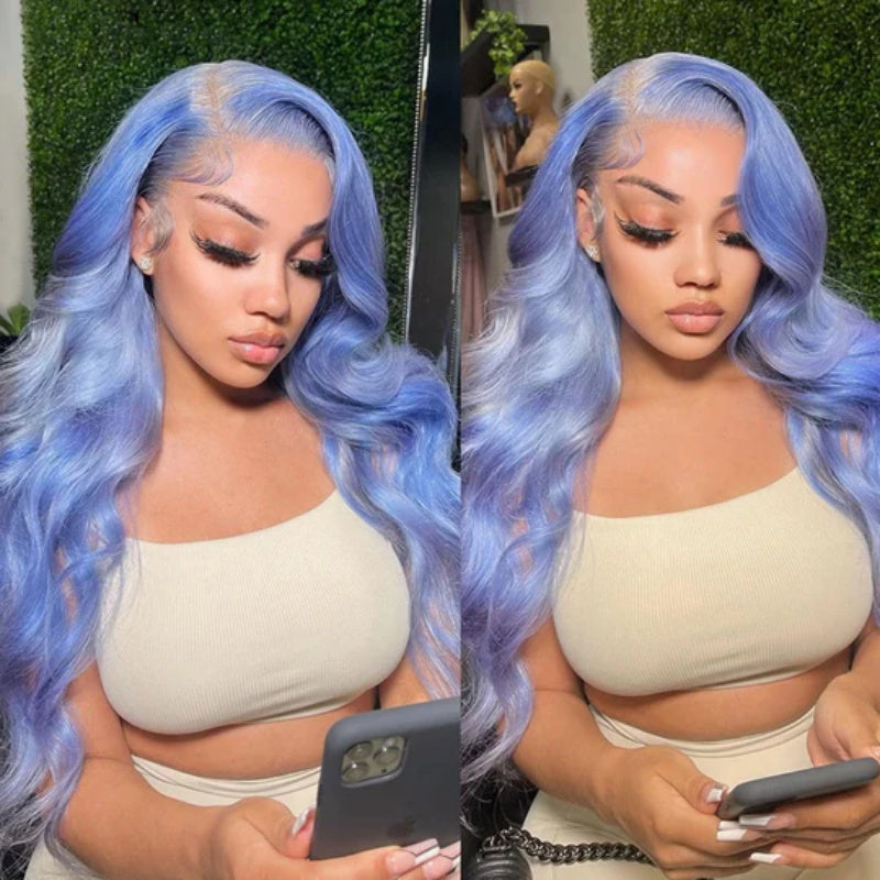 Allove Light Blue Colorful Wig Body Wave 13x4 Lace Front Wig With Pre-plucked Glueless Wigs