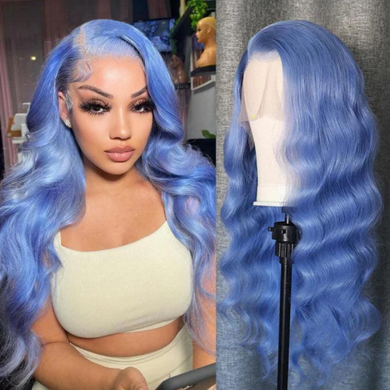 Allove Light Blue Colorful Wig Body Wave 13x4 Lace Front Wig With Pre-plucked Glueless Wigs - AlloveHair