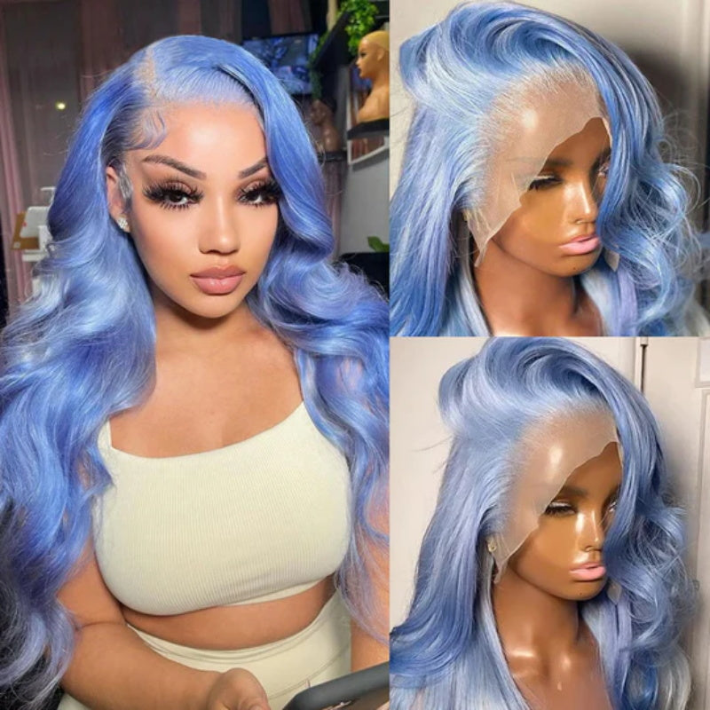 Allove Light Blue Colorful Wig Body Wave 13x4 Lace Front Wig With Pre-plucked Glueless Wigs