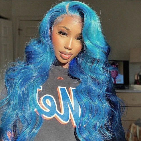 Light Sky Blue Body Wave 13x4 Lace Frontal Wig With Pre plucked Colored Human Hair Wig