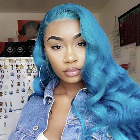 Light Sky Blue Body Wave 13x4 Lace Frontal Wig With Pre plucked Colored Human Hair Wig