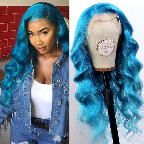 Light Sky Blue Body Wave 13x4 Lace Frontal Wig With Pre plucked Colored Human Hair Wig