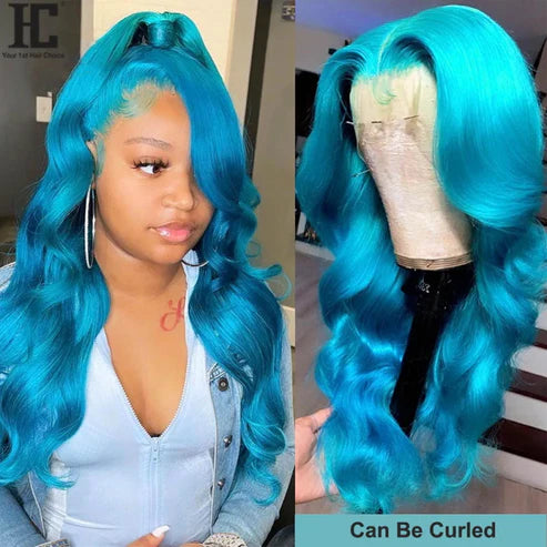 Light Sky Blue Body Wave 13x4 Lace Frontal Wig With Pre plucked Colored Human Hair Wig