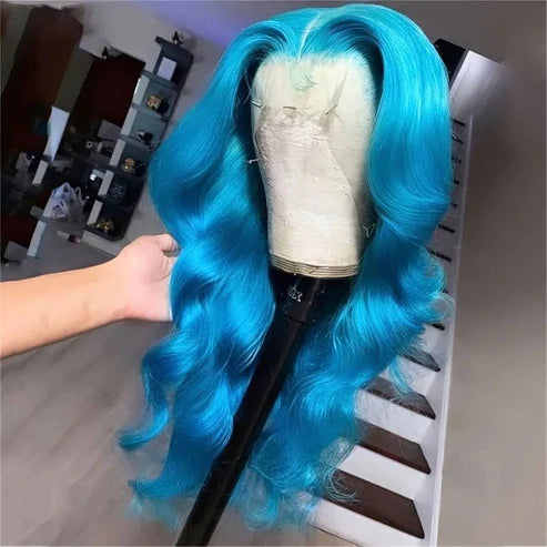 Light Sky Blue Body Wave 13x4 Lace Frontal Wig With Pre plucked Colored Human Hair Wig