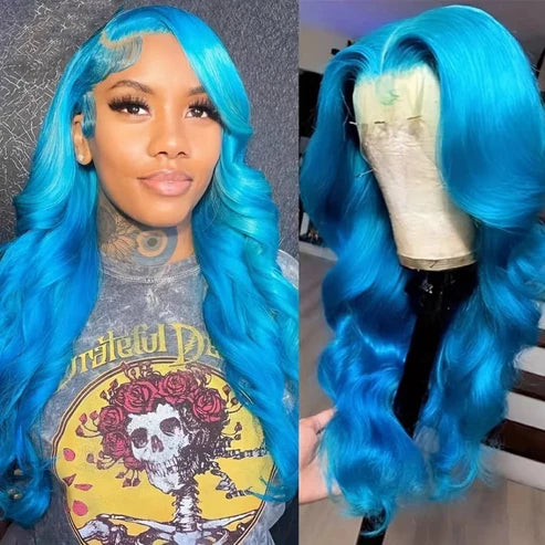 Light Sky Blue Body Wave 13x4 Lace Frontal Wig With Pre plucked Colored Human Hair Wig