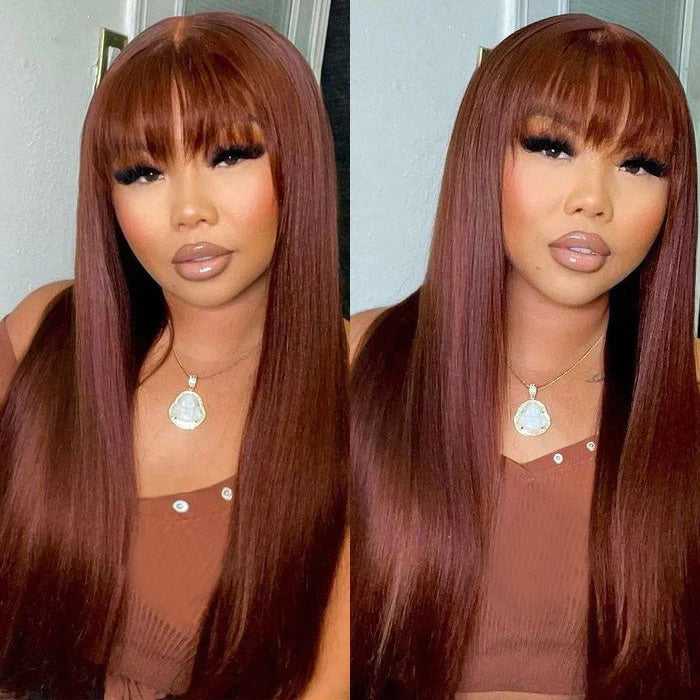 Discover the Allove Hair Long Wig with Bangs in a beautiful reddish brown color, designed to elevate your style effortlessly. This straight hair wig features luxurious length and chic bangs, offering a sophisticated yet playful look for any occasion.