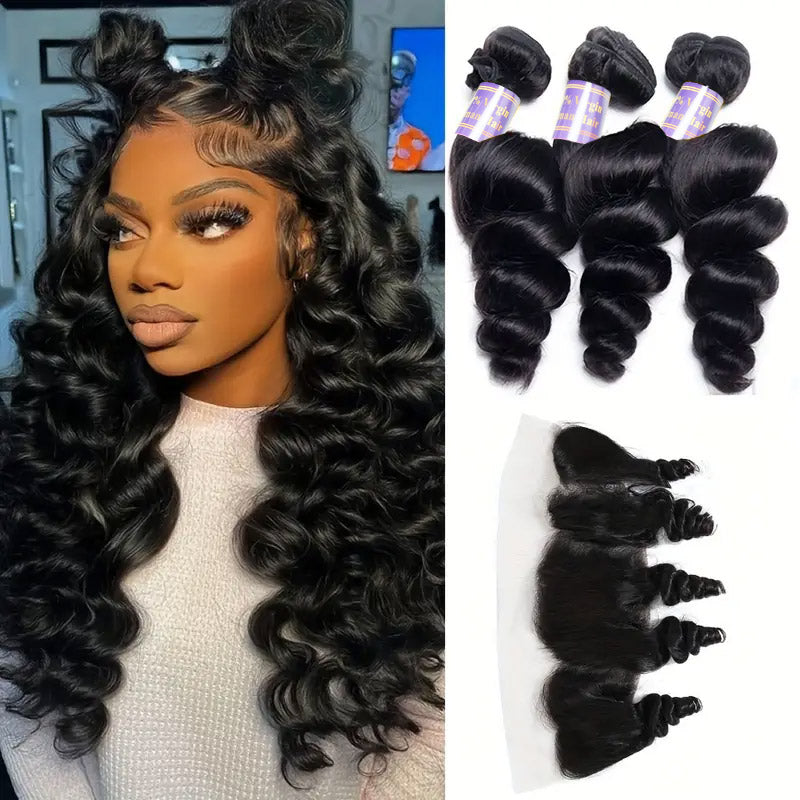 Experience the beauty of Allove Hair's Loose Wave Virgin Human Hair! Our exquisite bundles feature luxurious Malaysian hair, delivering soft, bouncy waves that add volume and movement to any style. Each set includes high-quality hair bundles paired with a 13x4 lace frontal, offering versatility for styling while ensuring a flawless blend with your natural hair.