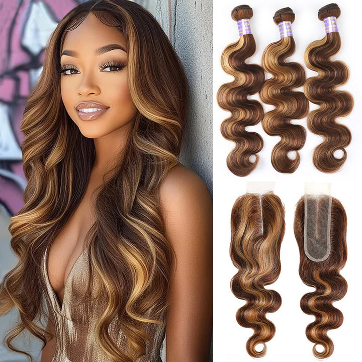 P4/27 Highlight Body Wave 3 Bundles With 2x6 Deep Part Lace Closure 100% Human Hair