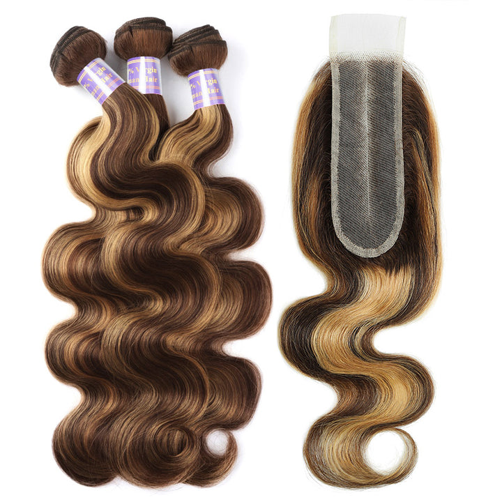 P4/27 Highlight Body Wave 3 Bundles With 2x6 Deep Part Lace Closure 100% Human Hair