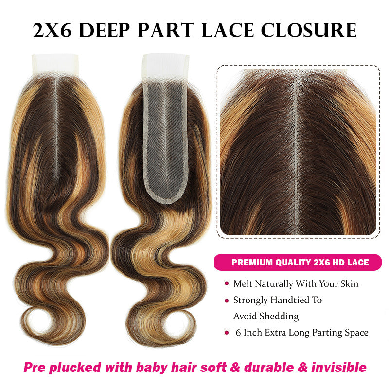 P4/27 Highlight Body Wave 3 Bundles With 2x6 Deep Part Lace Closure 100% Human Hair