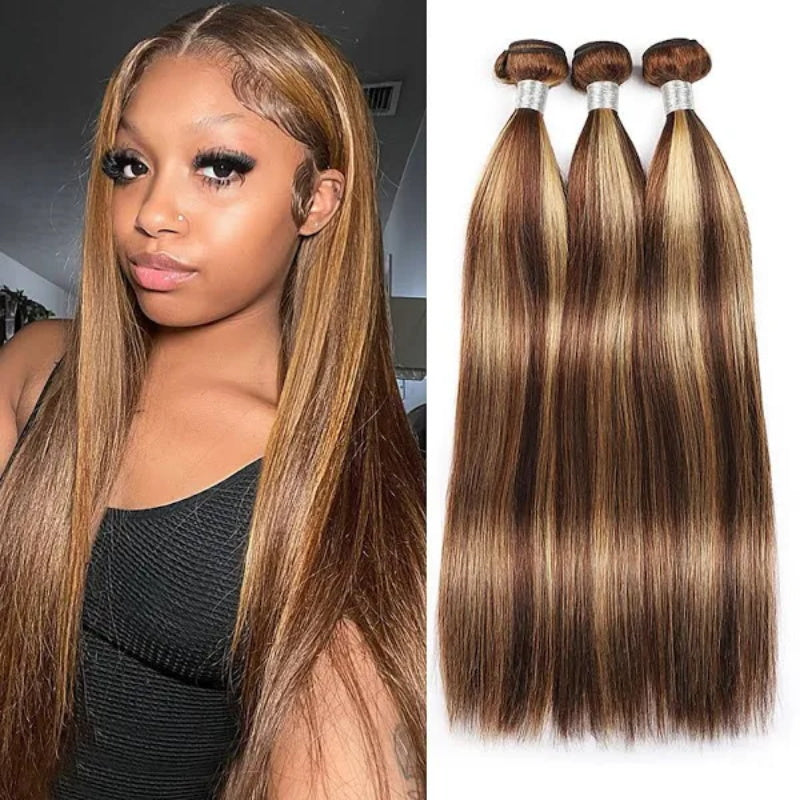 Transform your look with Allove Hair's P4/27 Hair Bundles, featuring luxurious straight hair made from 100% virgin human hair. This beautiful blend of dark brown and honey blonde creates a stunning, natural appearance that enhances your style.