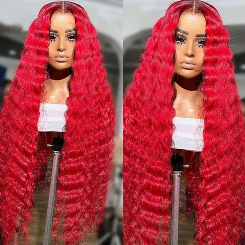 Allove Red Color Loose Deep Wave 13x4 Lace Front Wig HD Transparent Lace Human Hair Wig - AlloveHair