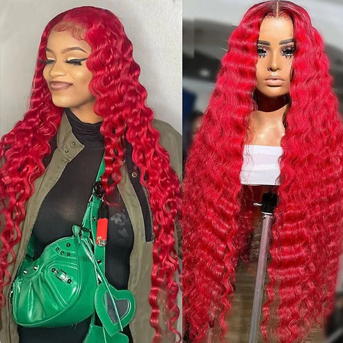 Allove Red Color Loose Deep Wave 13x4 Lace Front Wig HD Transparent Lace Human Hair Wig - AlloveHair