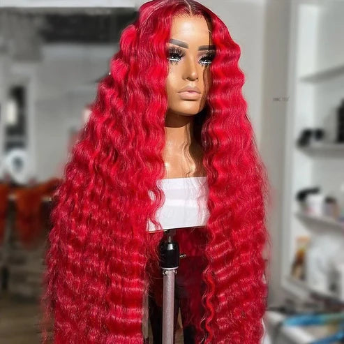 Allove Red Color Loose Deep Wave 13x4 Lace Front Wig HD Transparent Lace Human Hair Wig