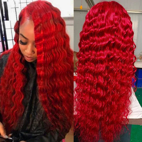 Allove Red Color Loose Deep Wave 13x4 Lace Front Wig HD Transparent Lace Human Hair Wig