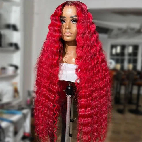 Allove Red Color Loose Deep Wave 13x4 Lace Front Wig HD Transparent Lace Human Hair Wig