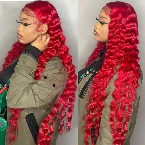 Allove Red Color Loose Deep Wave 13x4 Lace Front Wig HD Transparent Lace Human Hair Wig