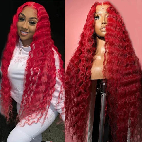 Allove Red Color Loose Deep Wave 13x4 Lace Front Wig HD Transparent Lace Human Hair Wig - AlloveHair