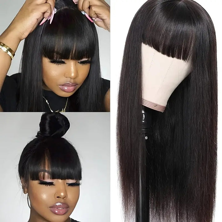 Glueless Wig With Bangs Straight Machine Made Human Hair Wigs for Women Natural Color