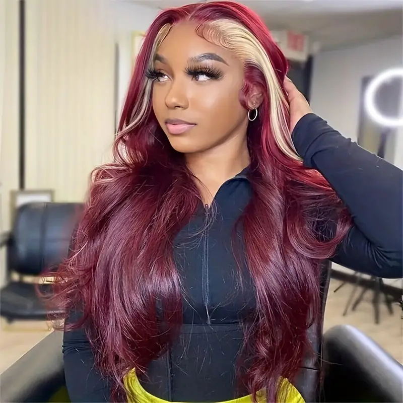 Unleash your style with the Allove Hair Skunk Stripe Lace Front Wig, featuring luxurious body wave hair in a stunning burgundy color. This eye-catching wig showcases a striking two-tone design that adds depth and dimension to your look.