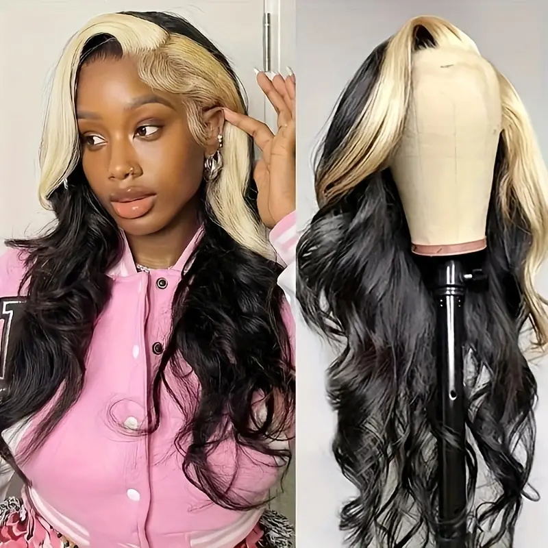 Introducing the Allove Hair Skunk Stripe Wig, a bold and trendy choice that features stunning body wave hair for added volume and movement. This 13x4 lace front wig offers a striking two-tone design, combining contrasting colors to create a unique and eye-catching look.