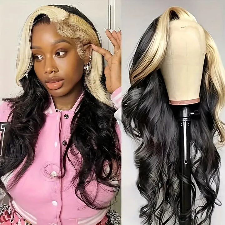 Introducing the Allove Hair Skunk Stripe Wig, a bold and trendy choice that features stunning body wave hair for added volume and movement. This 13x4 lace front wig offers a striking two-tone design, combining contrasting colors to create a unique and eye-catching look.