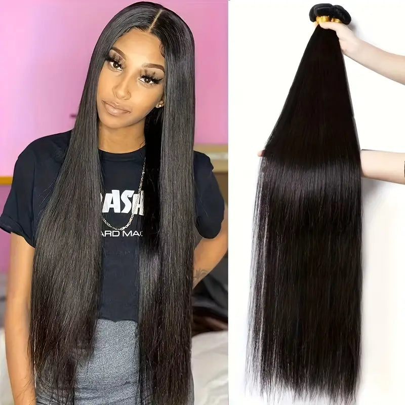 Experience sleek and sophisticated style with Allove Hair's premium straight hair bundles, perfect for sew-in installations. Made from high-quality hair, these bundles offer a stunning 1b jet black color, adding timeless elegance to your look.