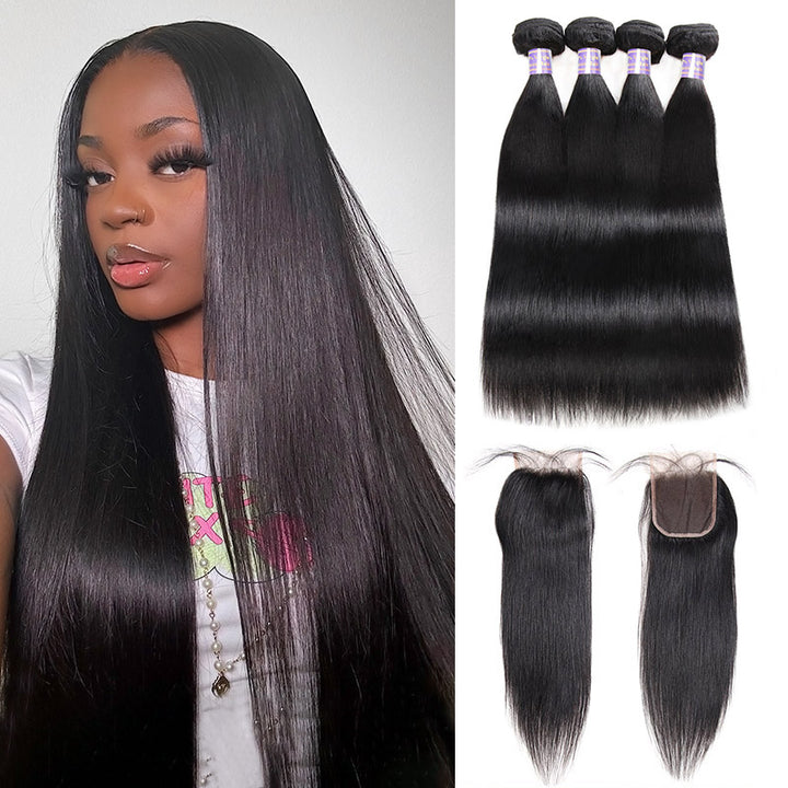 Transform your look with Allove Hair's Straight hair weave, featuring premium Malaysian hair that exudes sleek elegance and natural shine. These high-quality hair bundles come with a 4x4 lace closure for a seamless finish when installed through a sew-in method.