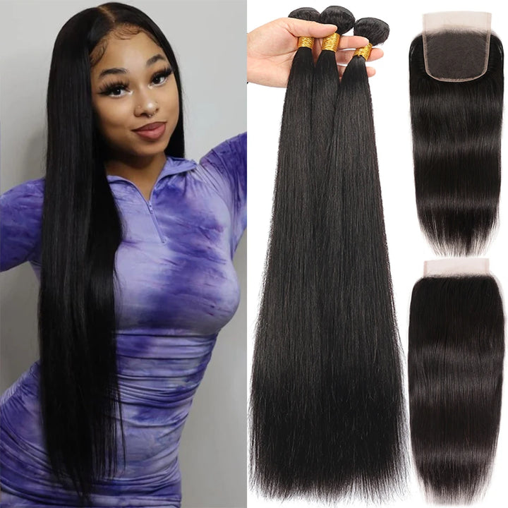 Elevate your style with Allove Hair's premium straight virgin hair bundles, perfect for flawless sew-in installations. Made from high-quality virgin hair, these bundles offer a natural and sleek look. Complete with a 4x4 lace closure for seamless blending, achieve a flawless finish with ease.