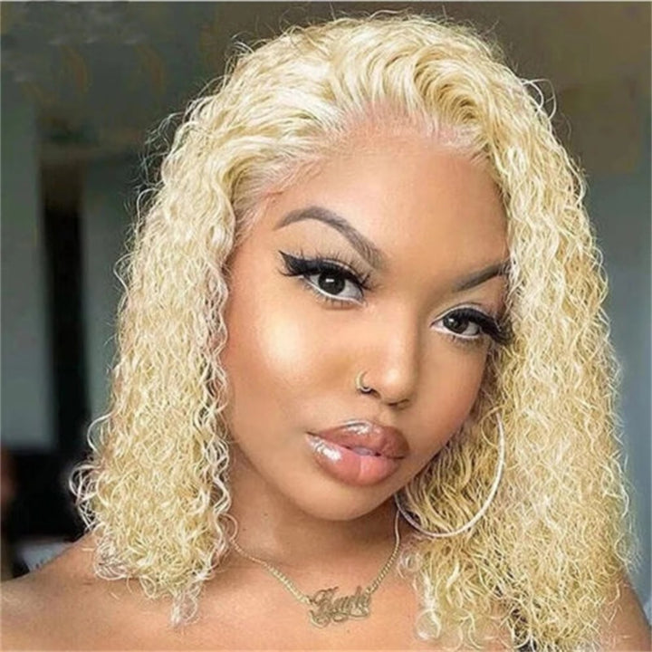 Allove Hair #613 Blonde Wig Curly Short Bob Wig 180% Density 4x4 Closure 13x4 Lace Front Wig