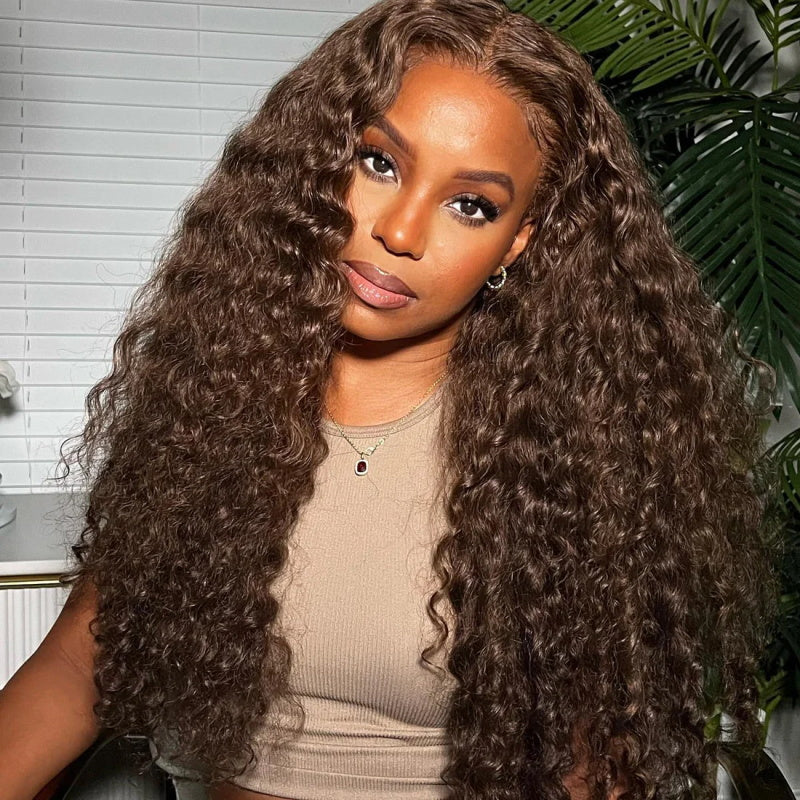 #4 Chocolate Brown 13×4 Lace Front Water Wave Human Hair Wig 180% Density Colored Wigs