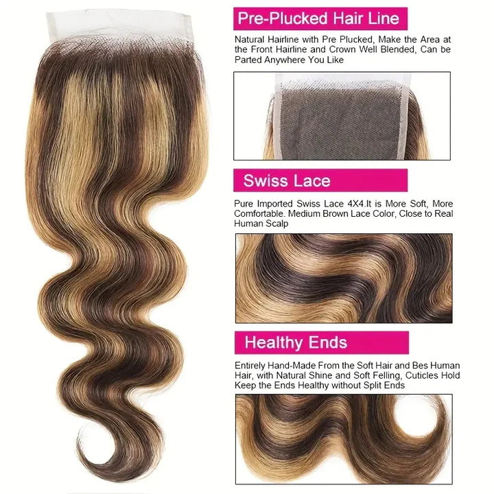 Allove Hair Highlight P4/27 Straight/Body Wave Hair 4*4 HD Lace Closure