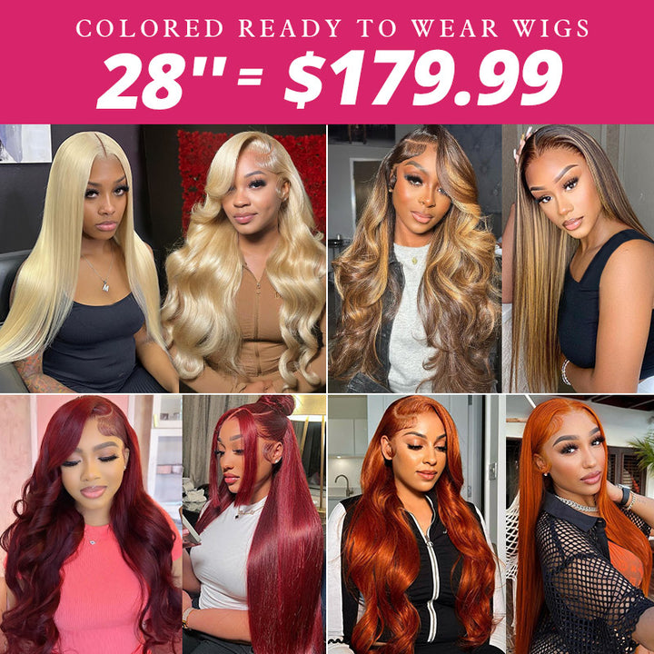 [50% OFF - No Code Needed] 28''= $179.99 Pre Cut & Pre Plucked & Bleached Knots Ready To Wear 13*4 Colored Lace Front Wigs 180% Density