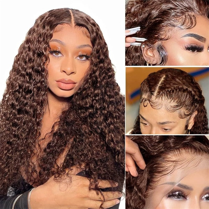 #4 Chocolate Brown 13×4 Lace Front Water Wave Human Hair Wig 180% Density Colored Wigs