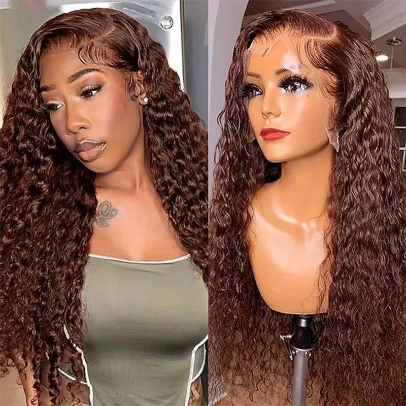 #4 Chocolate Brown 13×4 Lace Front Water Wave Human Hair Wig 180% Density Colored Wigs