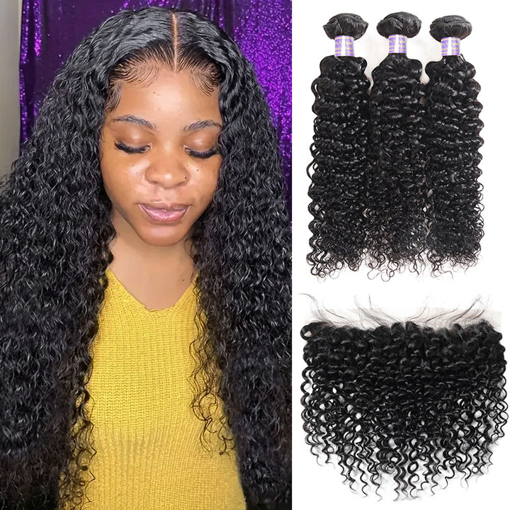 Brazilian Kinky  Curly Hair 3 Bundles with Transparent 4*4 Lace Closure