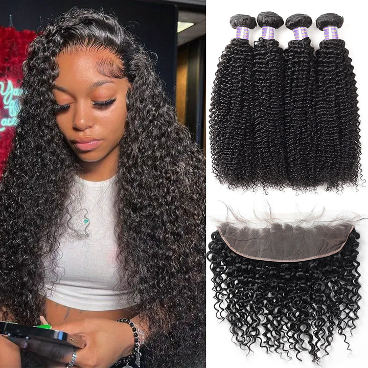 Brazilian Kinky Curly Wave 4 Bundles with 13*4 Lace Frontal Closure