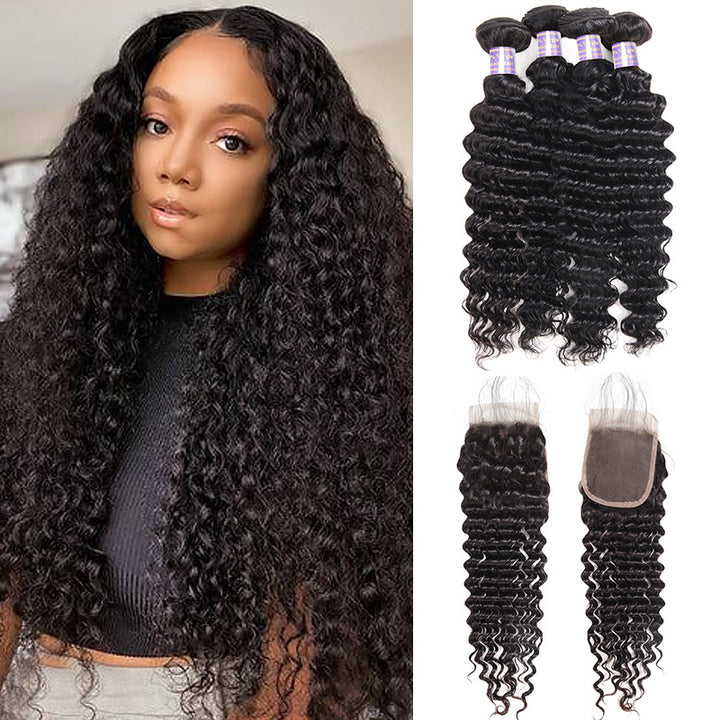 Malaysian Deep Wave 4 Bundles with 4*4 Lace Closure Virgin Human Hair