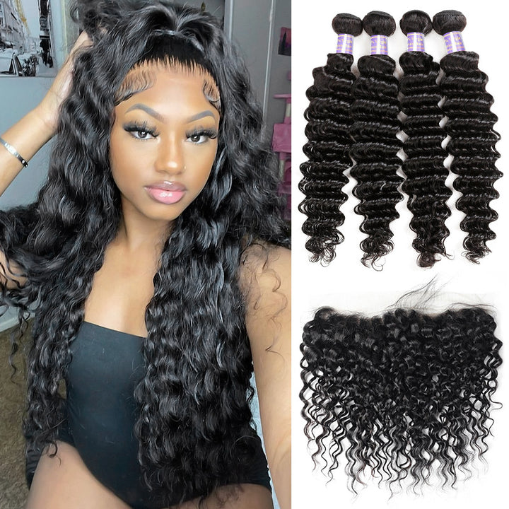 Brazilian Deep Wave 4 Bundles with 13*4 Lace Frontal Closure Human Hair