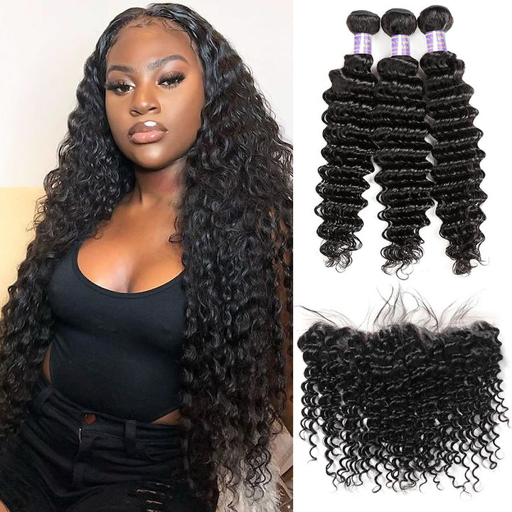 Peruvian Deep Wave 3 Bundles with 13*4 Lace Frontal Virgin Human Hair