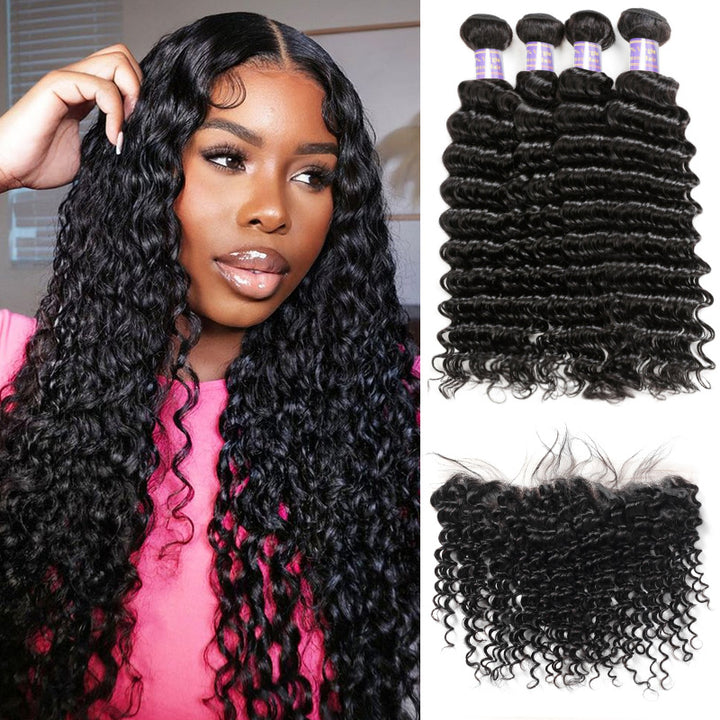 Malaysian Deep Wave 4 Bundles with 13*4 Lace Frontal Closure