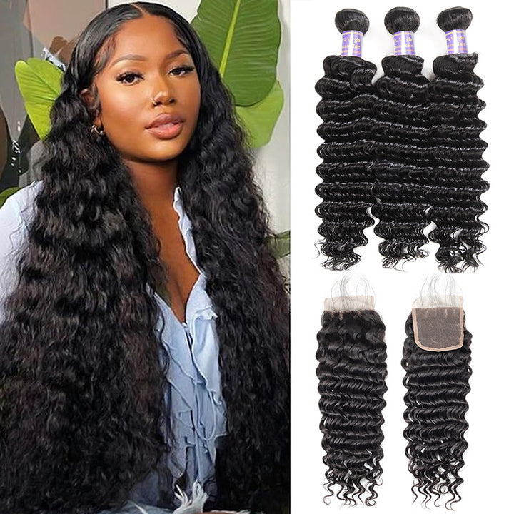 Allove Hair Brazilian Deep Wave Hair 3 Bundles with HD 4*4 Lace Closure