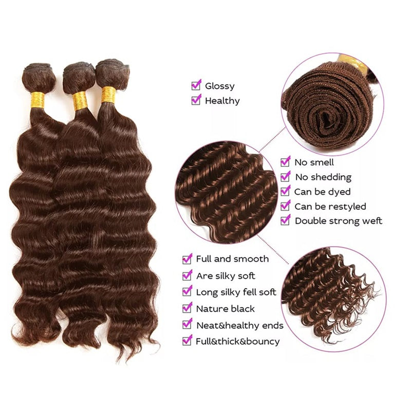 Allove Hair Dark Brown Human Hair Bundles Deep Wave Quick Weave 3PCS